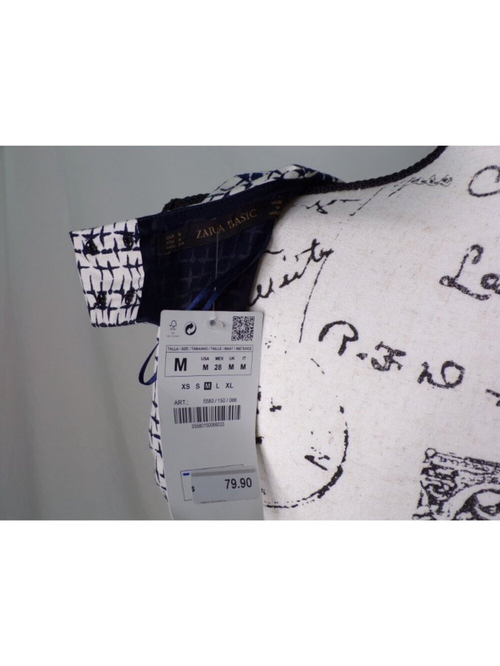 🆕ZARA Cut-Out Back Sleeveless Sheath Dress Navy Blue Off-White Print Medium - Picture 8 of 12